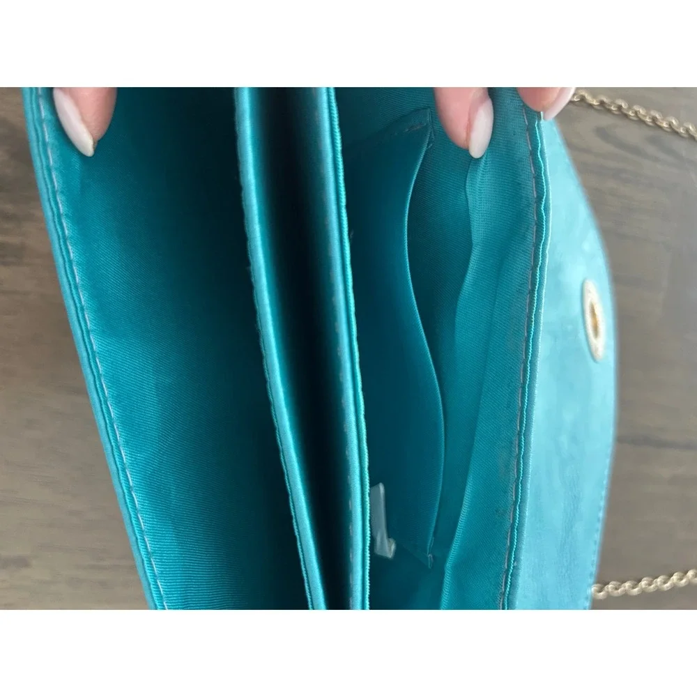 Teal Envelope Clutch Bag Gold Hardware Chain Strap Crossbody Turquoise Faux Leat